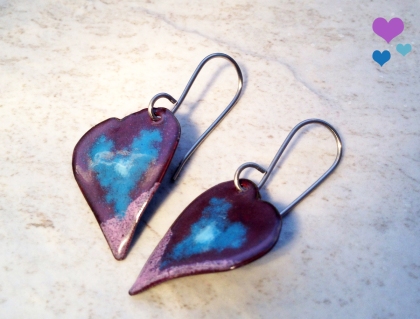 Purple and blue heart earrings - enameled copper handmade at Basketofblue.com